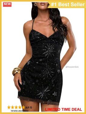 Sequin Mini Dress Deep V Neck Sleeveless Tie Backless Bodycon